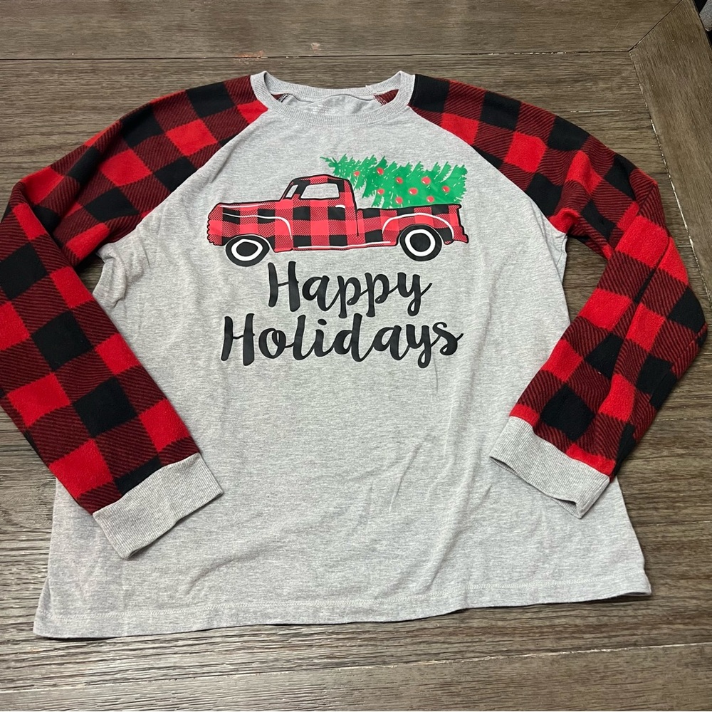 Happy Holidays Buffalo Plaid sleeve Lounge long sleeve